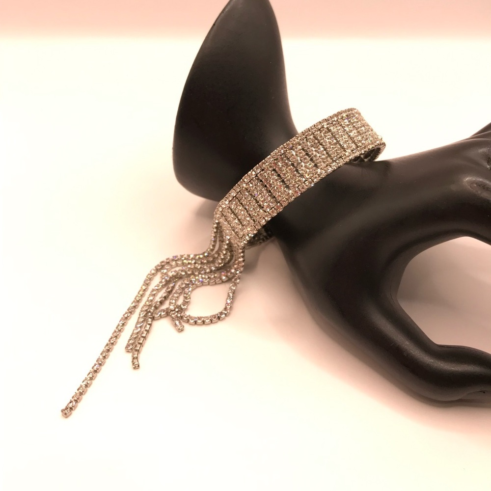 Silver-Tone & Pave Rhinestone Memory Wire Bracelet with Tassel - Picture 3 of 9